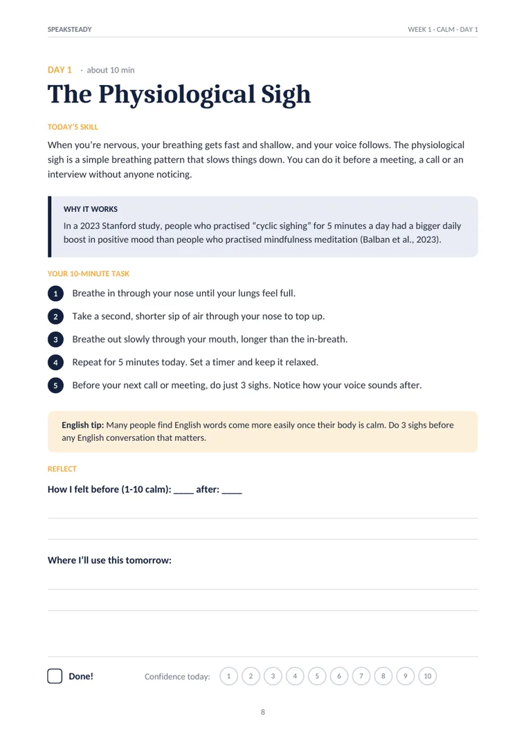 Day 1 page of the workbook: The Physiological Sigh